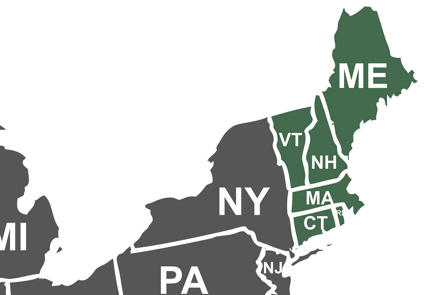 map showing New England states highlighted Commercial Casework and Cabinets