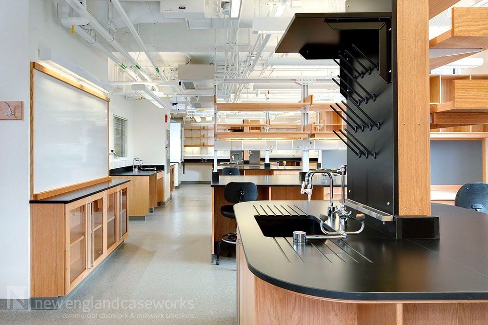 Completed Project harvard University Kunes Lab In collaboration with Hecht and Associates and shawmut builds NEC manufactured rift cut Red Oak cabinets and student workstations with epoxy resin work surfaces and curved shelves Cabinets were fitted with extra long doordrawer pulls Solid Red Oak hardwood frames the markerboards throughout the lab Check out the project gallery at httpsnewenglandcaseworkscomprojectharvard university kunes lab casework educationcasework universitycasework woodcabinets redoak drawerpulls epoxyresintops markerboard roundedepoxyshelves studentworkstations woodshelving blog Commercial Casework and Cabinets