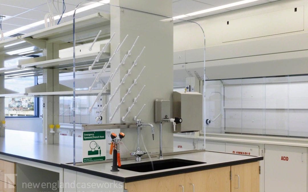 With splashing near sinks being inevitable, splashguards are common structures used to prevent water from reaching a workspace. The acrylic material can be clear, allowing natural light to envelop the space, or the acrylic can be a “pop of color” to match your brand. See how you can customize your splashguards at https://newenglandcaseworks.com/casework-millwork/specialty-casework/splashguards/