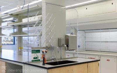 With splashing near sinks being inevitable, splashguards are common structures used to prevent water from reaching a workspace. The acrylic material can be clear, allowing natural light to envelop the space, or the acrylic can be a “pop of color” to match your brand. See how you can customize your splashguards at https://newenglandcaseworks.com/casework-millwork/specialty-casework/splashguards/